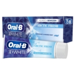 Oral B 3D Dentifrice White Arctic Fresh 75 ml, dans un tube et une boîte bleus et blancs avec un texte à la menthe poivrée et à la menthe verte, un motif de flocons de neige et une étiquette transparente de 75 ml. Dakar
