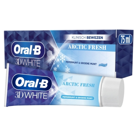Oral B 3D Dentifrice White Arctic Fresh 75 ml, dans un tube et une boîte bleus et blancs avec un texte à la menthe poivrée et à la menthe verte, un motif de flocons de neige et une étiquette transparente de 75 ml. Dakar