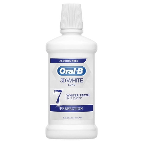 Un flacon blanc de 500 ml d'Oral B 3D White Luxe bain de bouche blanchissant, sans alcool et aromatisé à la menthe, avec une étiquette "Whiter Teeth in 7 Days" (des dents plus blanches en 7 jours) comportant un motif principalement blanc et bleu avec des accents argentés. Dakar