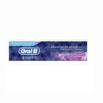 Oral-B Dentifrice BLANC REVITALISANT 3D WHITE boîte de 75 ml en portugais, présentant "3 benefícios em 1" et des avantages tels que l'élimination des taches, la protection de l'émail et le blanchiment, avec un motif géométrique violet et bleu. Dakar