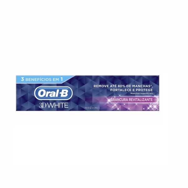 Oral-B Dentifrice BLANC REVITALISANT 3D WHITE boîte de 75 ml en portugais, présentant "3 benefícios em 1" et des avantages tels que l'élimination des taches, la protection de l'émail et le blanchiment, avec un motif géométrique violet et bleu. Dakar
