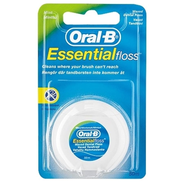 Oral-B ESSENTIAL FLOSS ORIGINAL 50 m Fil dentaire se présente dans une boîte en plastique avec un marquage bleu, vert et blanc. Ce fil dentaire ciré, aromatisé à la menthe, fournit 50 mètres pour les soins bucco-dentaires quotidiens. Dakar