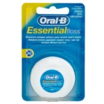 Oral-B ESSENTIAL FLOSS ORIGINAL 50 m Fil dentaire se présente dans un récipient blanc avec une étiquette bleue, emballé dans un blister bleu et jaune avec des informations sur le produit en anglais et en russe. Dakar