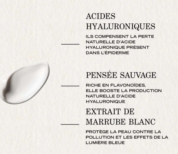 Un graphique de Payot Creme Lissante Anti Rides avec une couche de crème, avec un texte en français sur les avantages des acides hyaluroniques, de la pensée sauvage et de l'extrait de ballote blanche pour l'hydratation, la protection et l'augmentation de l'acide hyaluronique naturel. Dakar