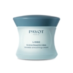 Un pot de Payot Creme Lissante Anti Rides avec un couvercle bleu et un contenant bleu clair, portant le nom et la description du produit sur l'étiquette frontale. Dakar