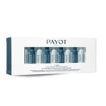 Une boîte blanche et bleue "PAYOT PARIS" contient dix ampoules de 1 ml de Payot Cure 10 jours Anti Rides Éclat Express, visibles à travers une fenêtre transparente. L'emballage propose un soin anti-rides express de 10 jours. Dakar