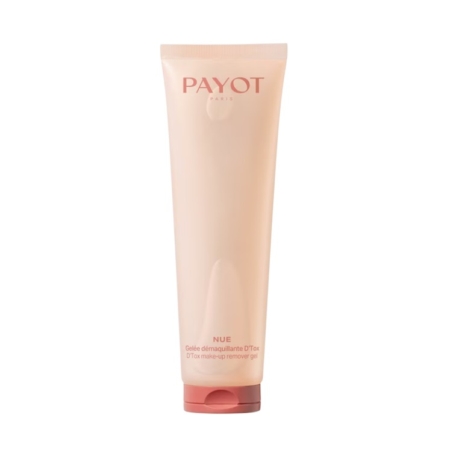 Un tube beige de gel démaquillant NUE D'Tox de Payot Paris avec un bouchon de couleur pêche, se tenant debout sur un fond blanc uni. Dakar