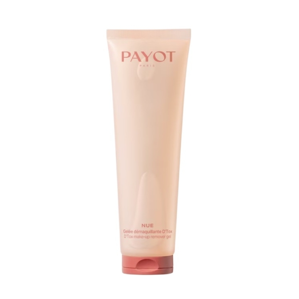 Un tube beige de gel démaquillant NUE D'Tox de Payot Paris avec un bouchon de couleur pêche, se tenant debout sur un fond blanc uni. Dakar