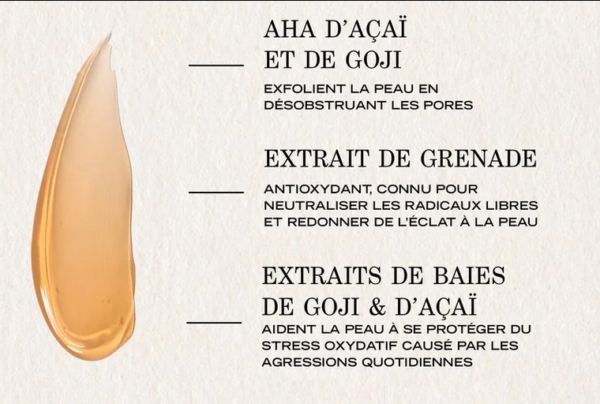 Une couche beige de Payot Masque 2 en 1 Nettoyant et Purifiant Éclat Peeling Visage se trouve à côté d'un texte en français détaillant les AHA Açaí et Goji, l'extrait de grenade et les extraits de baies pour l'exfoliation, les antioxydants et la protection contre le stress. Dakar