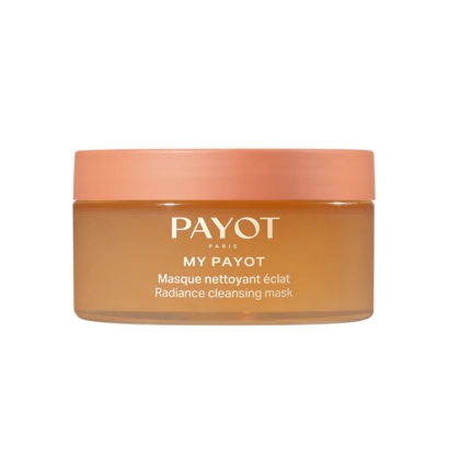 Un pot orange avec un couvercle de couleur pêche étiqueté "Payot Masque 2 en 1 Nettoyant et Purifiant Éclat Peeling Visage" est représenté sur un fond blanc. Dakar