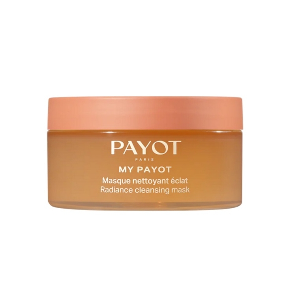 Un pot orange avec un couvercle de couleur pêche étiqueté "Payot Masque 2 en 1 Nettoyant et Purifiant Éclat Peeling Visage" est représenté sur un fond blanc. Dakar