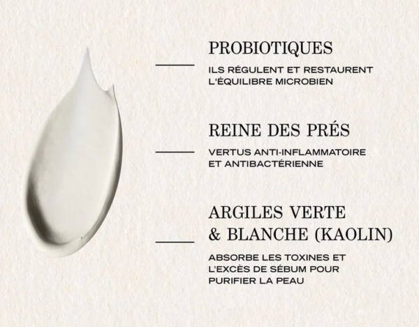 Un frottis de crème apparaît à côté d'un texte en français soulignant les bienfaits purifiants, anti-inflammatoires et antibactériens des probiotiques, de la reine des prés et des argiles verte et blanche (kaolin) de Payot Masque Purifiant Rééquilibrant Anti Imperfections 75 ml. Dakar
