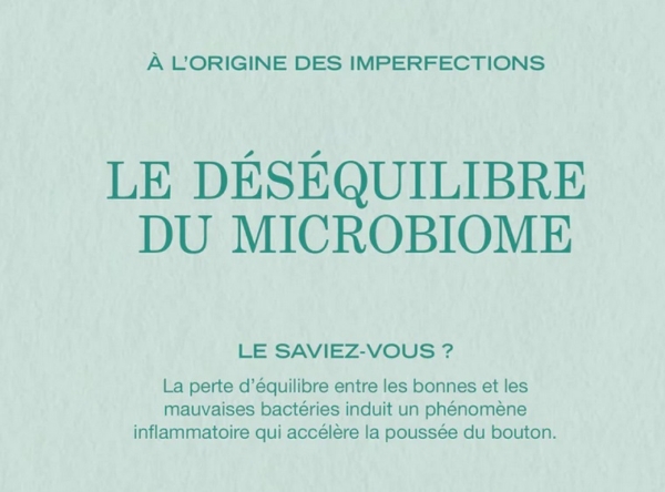 Le texte en français sur fond vert clair explique que Payot Masque Purifiant Rééquilibrant Anti Imperfections 75 ml traite les imperfections cutanées causées par le déséquilibre du microbiome, qui peut déclencher une inflammation et des boutons. Dakar