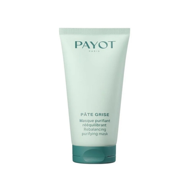 Un tube vert clair de Payot Paris Pâte Grise Masque Purifiant Rééquilibrant avec un texte en français et en anglais, se tenant debout sur un fond blanc uni. Dakar