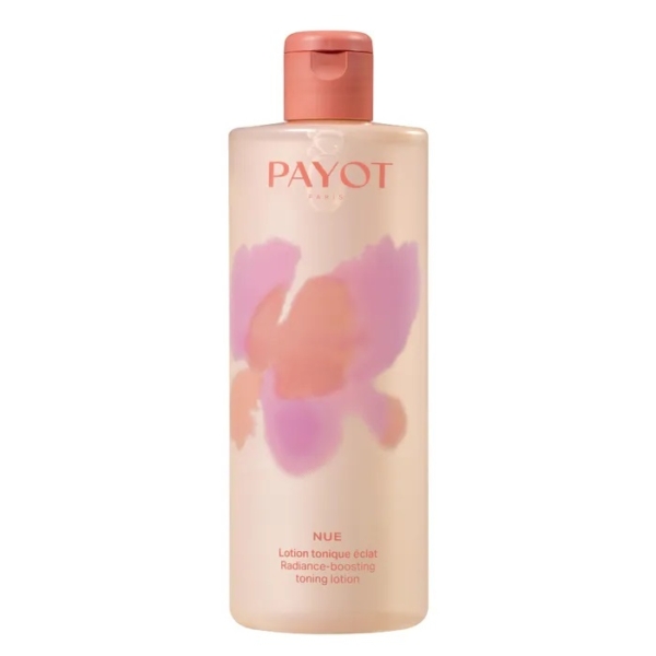 Un flacon de 400 ml de Payot Lotion Tonique Éclat Visage Tous Types de Peaux, avec un bouchon rose et une étiquette abstraite rose et orange. Dakar