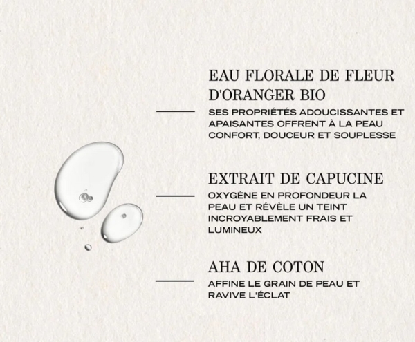 Découvrez la lotion tonique éclat Payot (400ml), avec eau florale de fleur d'oranger pour adoucir, extrait de capucine pour revitaliser et AHA de coton pour illuminer-présentée avec gouttes sur fond blanc texturé. Dakar