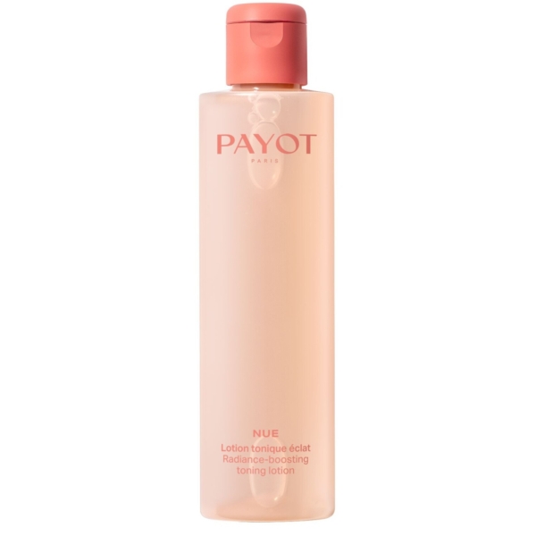 Le flacon rose de Payot Lotion Tonique Éclat Visage Exfoliant Doux AHA 200 ml est doté d'un bouchon rose assorti et d'un texte minimaliste sur le devant. Dakar