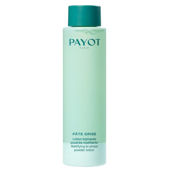 Un flacon vert de Payot Lotion Biphasée Poudrée Matifiante 125 ml avec un bouchon sarcelle, affichant des informations sur le produit en français et en anglais sur la face avant. Dakar
