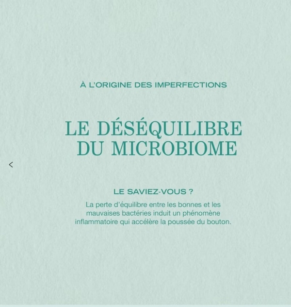 Texte en français sur fond vert menthe expliquant que le déséquilibre du microbiome cause des imperfections cutanées, et présente Payot Savon Nettoyant Purifiant Anti Imperfections Visage et Corps 65 g pour lutter contre l'inflammation due aux mauvaises bactéries. Dakar