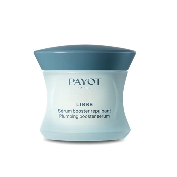 Un pot bleu clair de Payot Sérum Booster Repulpant Effet Lissant Immédiat à l'Acide Hyaluronique 50ml, avec un couvercle et une étiquette bleue assortis. Dakar