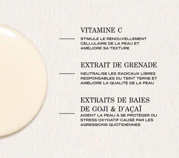 Frottis de crème beige sur fond texturé. Le texte en français présente Payot Sérum Vitamine C Éclat Anti Taches Peaux Ternes et Fatiguées 30 ml, avec de la vitamine C, des extraits de grenade, de goji et d'açaí pour le renouvellement, la protection et l'amélioration de la texture de la peau. Dakar