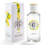 Le flacon de 100 ml de l'Eau de parfum Cédrat de Roger et Gallet se trouve à côté de son coffret blanc, décoré d'agrumes jaunes et d'accents verts. Dakar