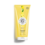 Un tube jaune de 200 ml de gel douche Cédrat Roger et Gallet, avec un design inspiré du citron et un bouchon blanc, se tient debout sur un fond blanc. Dakar