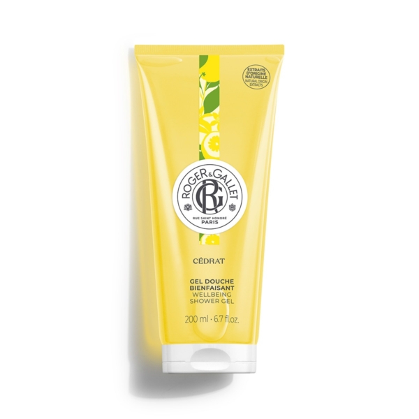 Un tube jaune de 200 ml de gel douche Cédrat Roger et Gallet, avec un design inspiré du citron et un bouchon blanc, se tient debout sur un fond blanc. Dakar