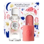 Le coffret ROGER et GALLET COFFRET FLEUR DE FIGUIER EAU PARFUMÉE 100ML + BOUGIE comprend un parfum "Fleur de Figuier" et une bougie RG rose striée, tous deux présentés devant un coffret aux motifs floraux éclatants. Dakar
