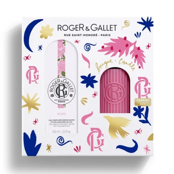 Le coffret comprend Roger et Gallet Rose Coffret Eau Parfumée Bienfaisante 100ml et une bougie parfumée Rose 75g, présentés dans une boîte blanche avec des motifs floraux roses, bleus et dorés. Le nom de la marque est affiché dans la partie supérieure. Dakar