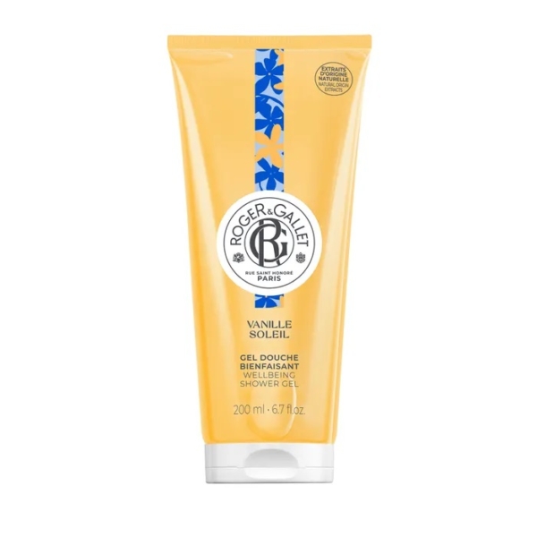 Un tube jaune de 200 ml de Roger et Gallet Vanille Soleil Bienfaisant Gel douche présente un motif floral bleu près du sommet et une étiquette blanche avec le nom et la marque du produit. Dakar