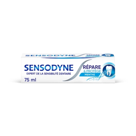 SENSODYNE Dentifrice Repare et Protège Novamin, le tube de 75mL, menthe, aide à soulager la sensibilité dentaire. Packaging blanc avec accents bleus et motif dent. Dakar