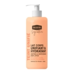 Un flacon pompe orange étiqueté "Waam Lait Corps Unifiant et Hydratant Anti Tache avec Macérat Busserole", une lotion corporelle unifiante et hydratante pour les imperfections, d'une contenance de 500 ml, avec un texte en français et en anglais. Dakar