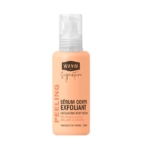 Un flacon de 200 ml de Waam Sérum Corps Exfoliant AHA + Zinc et Ginseng pour les peaux ternes et à imperfections, de couleur pêche, avec un distributeur à pompe et un texte en noir et blanc décrivant son action gommante et exfoliante. Dakar