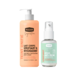 Deux produits de soin WAAM Signature : un flacon couleur pêche de lotion corporelle unifiante et hydratante avec une pompe et un flacon transparent plus petit de sérum anti-taches avec une pompe. Les deux produits portent un texte en français et en anglais. Dakar