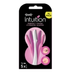 Un emballage noir et rose de Wilkinson Épilateur à Sourcils Perfect Finish 5 Pieces présente cinq rasoirs à sourcils roses et blancs, étiquetés "XL PACK", avec des icônes pour la protection des cils et la peau lisse. Dakar