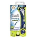 Wilkinson Sword Rasoir HYDRO 5 Groomer : Tondeuse et rasoir 2 en 1 est présenté dans une boîte en plastique transparent avec des accents jaunes et verts, affichant les caractéristiques du produit et un graphique d'éclaboussures d'eau. Dakar