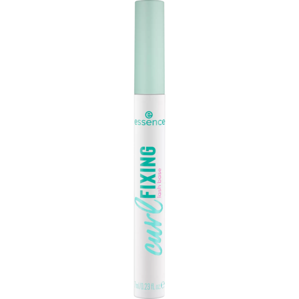 Tube de 7 ml de Essence Base de Mascara Fixatrice de Boucles Cils avec un corps blanc, un texte sarcelle et rose, et un bouchon sarcelle clair. Dakar