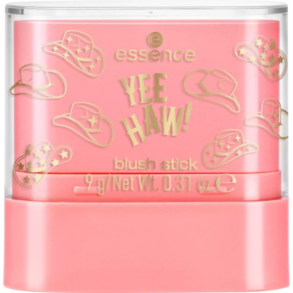 Un Stick Blush Essence rose (Formule Crémeuse Fini Mat et Naturel 01 Howdy Y'all !) avec des chapeaux de cow-boy dorés et "YEE HAW ! blush stick" sur l'emballage. Poids net : 9g (0.31 oz). Dakar