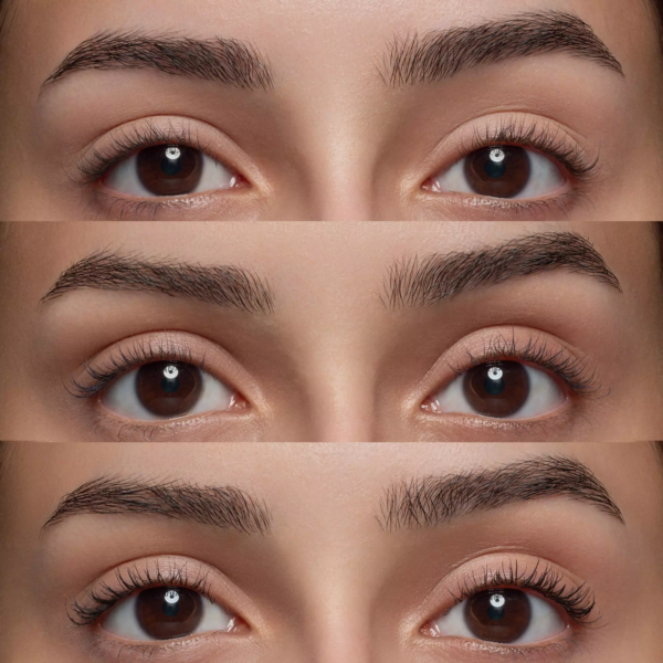 Trois images en gros plan d'yeux et de sourcils bruns : en haut avec des cils naturels, au milieu avec du mascara, et en bas avec des cils plus longs et plus fournis grâce à Essence Base de Mascara Fixatrice de Boucles Cils 7 ml. Dakar