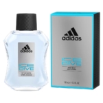 Une bouteille de 100 ml et une boîte d'Adidas Après Rasage Ice Dive. La bouteille transparente est munie d'un bouchon noir et d'une étiquette portant le logo Adidas. La boîte argentée aux accents bleus porte le même logo et le même nom de produit. Dakar