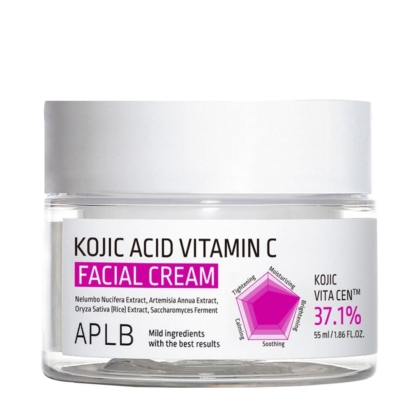 Un pot transparent de 55 ml d'Aplb Crème Unifiant Visage à l'Acide Kojique et Vitamine C avec un design rose et blanc, une liste d'ingrédients et un graphique montrant ses bienfaits hydratants, éclaircissants et apaisants. Dakar