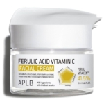 Un pot d'Aplb Crème Visage Acide Férulique et Vitamine C 55 ml avec un couvercle blanc présente 41,5 % de Ferul Vita Cent™, des avantages éclaircissants et hydratants clés, et met en évidence les ingrédients essentiels sur l'étiquette. Dakar