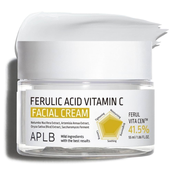 Un pot d'Aplb Crème Visage Acide Férulique et Vitamine C 55 ml avec un couvercle blanc présente 41,5 % de Ferul Vita Cent™, des avantages éclaircissants et hydratants clés, et met en évidence les ingrédients essentiels sur l'étiquette. Dakar