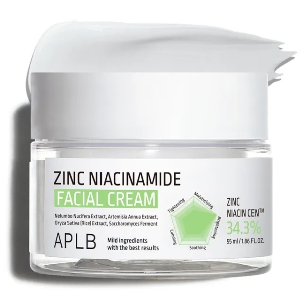 Un pot d'Aplb Crème Visage Anti Imperfections au Zinc et à la Niacinamide Peau Grasse 55 ml, avec une trace de crème blanche sur le couvercle. L'étiquette met en avant 34,3% de Zinc Niacine Cen™, des bienfaits apaisants et hydratants, un poids net de 55 ml. Dakar
