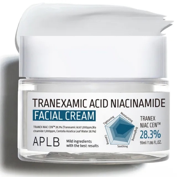 Aplb Crème Visage Illuminatrice et Apaisant Acide Tranexamique et Niacinamide 55 ml contient 28,3% d'ingrédients actifs et offre des bénéfices éclaircissants, tenseurs, hydratants et apaisants. Dakar