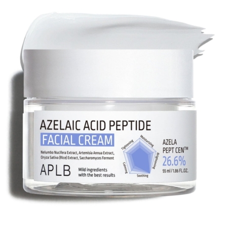 Un pot transparent d'Aplb Crème Visage aux Peptides d'Acide Azélaïque Effet Apaisant et Éclaircissant 55 ml avec un couvercle blanc, comprenant 26,6% d'Azela Pept Cen™ pour des effets apaisants et hydratants et des ingrédients doux pour des résultats optimaux. Dakar