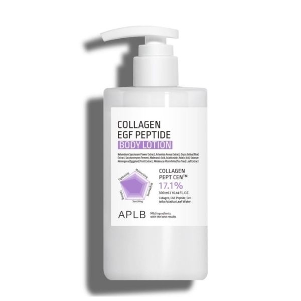 Un flacon pompe blanc étiqueté "Aplb Lait Corporelle au Peptide de Collagène EGF sans Parfum Peau Sensible 300 ml", avec des détails sur les ingrédients (17.1% Collagen Pept Gen™) et un design violet et blanc sur le devant. Dakar