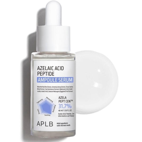 Un flacon compte-gouttes en verre transparent étiqueté "Aplb Sérum Ampoule Acide Azélaïque et Peptides Teint Terne 40 ml", doté d'un bouchon compte-gouttes blanc et d'une liste d'ingrédients clés et de bienfaits sur l'étiquette. Dakar