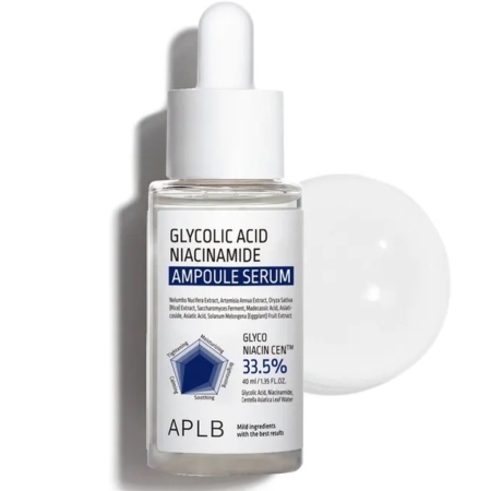 Un flacon compte-gouttes en verre transparent étiqueté "Aplb Sérum Ampoule à l'Acide Glycolique et à la Niacinamide Anti Imperfections 40 ml" se tient debout avec un bouchon compte-gouttes blanc, projetant une ombre ronde derrière lui. Dakar
